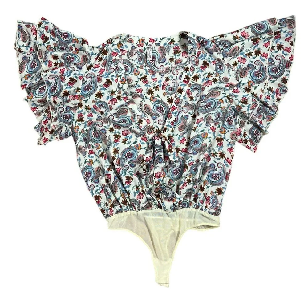 FREE PEOPLE women size Large Call Me Later Bodysuit Top Paisley Printed v-neck - Picture 7 of 11